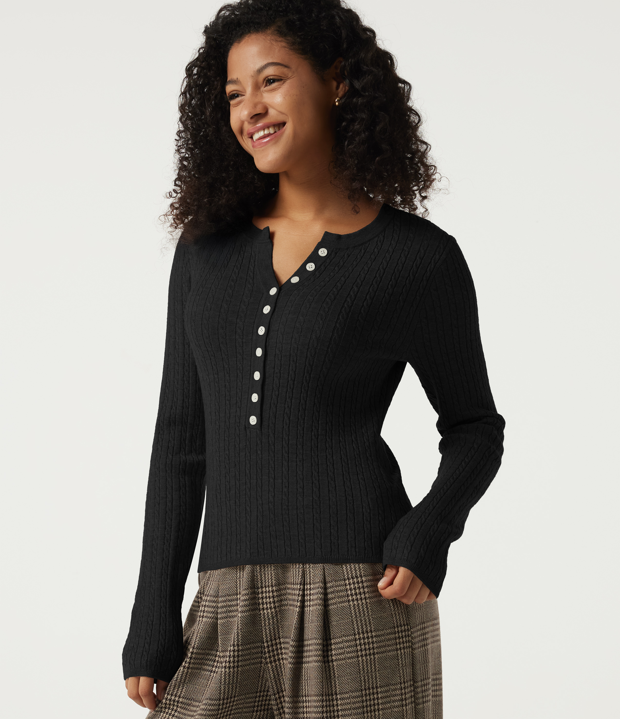 Henley Neck Cable Stitch Long Sleeve Work Sweater