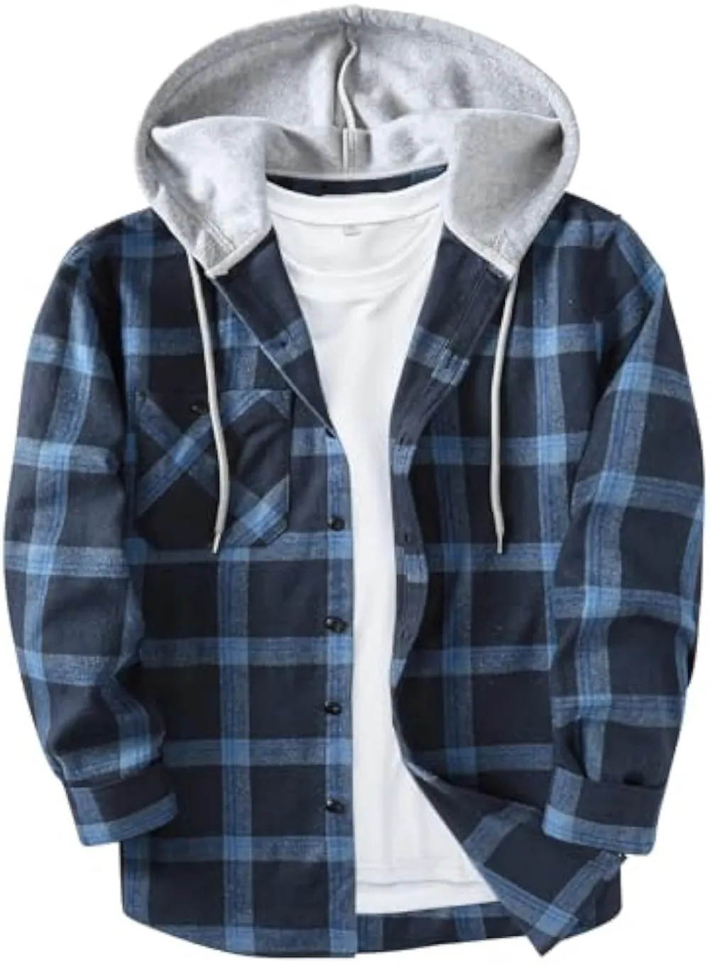 Men’s Plus Size Plaid Patchwork Hooded Jacket – Button Front Casual Outerwear with Pockets