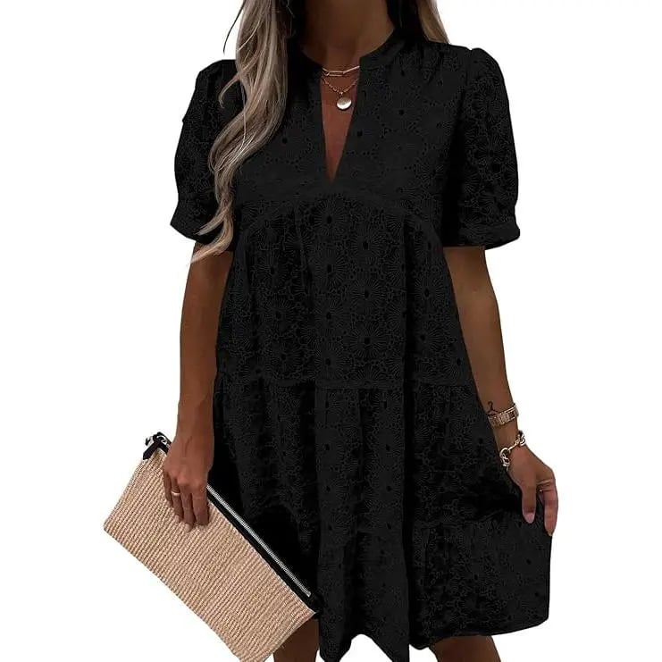 Women’s Summer Lace Dresses Eyelet Casual Flowy Babydoll Swing Short Sleeve V Neck Tunic Dress