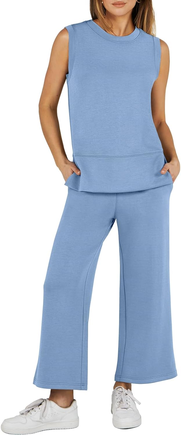 Women's 2 Piece Sets Summer Outfits Sleeveless Wide Leg Tracksuits Casual Sweat Sets Lounge Sweatsuits