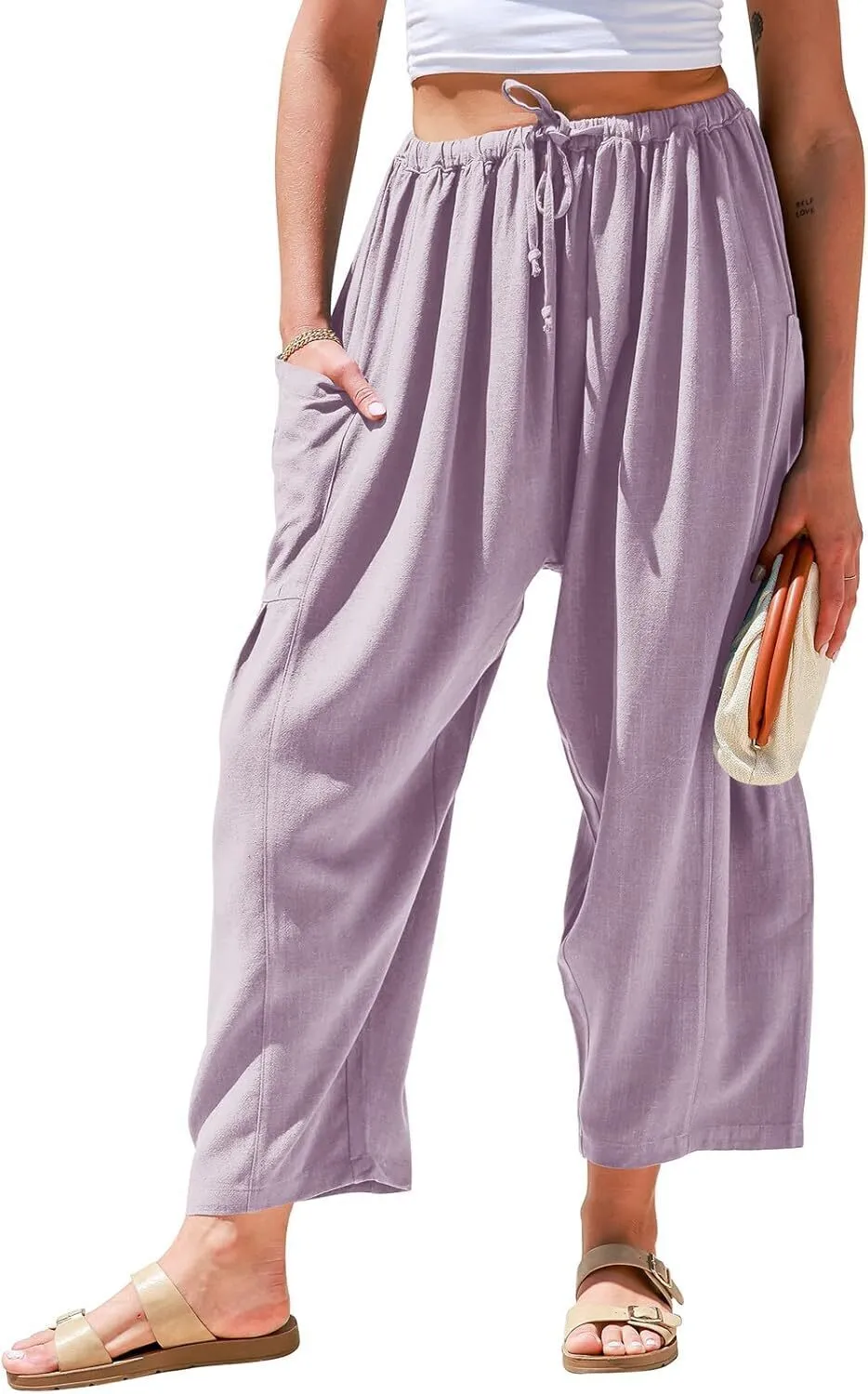 Women's Linen Wide Leg Pants Casual Loose Drawstring Low Waist with Pockets