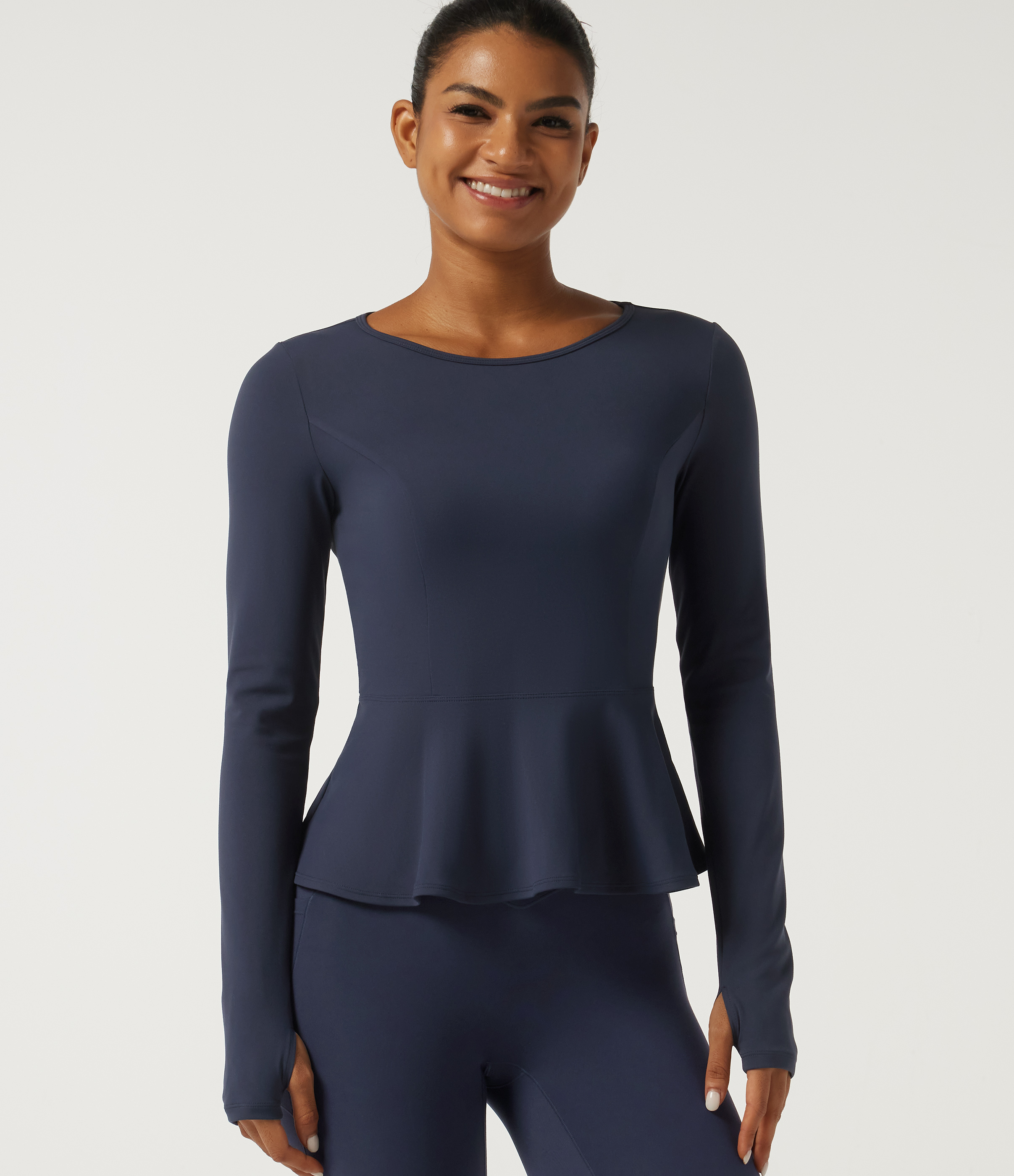 Round Neck Long Sleeve Ruffle Hem Yoga Sports Top with Thumbholes