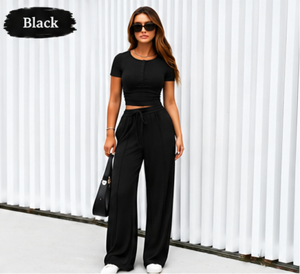 ⚡FINAL SALE⚡- Women's 2-Piece Outfits Summer Short Sleeve Crop Slim Fit Tops & Wide Leg Pants