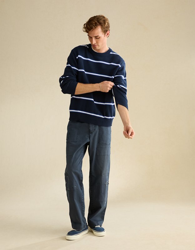 AE Striped Crew Neck Sweater - Navy