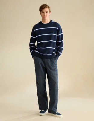 AE Striped Crew Neck Sweater - Navy