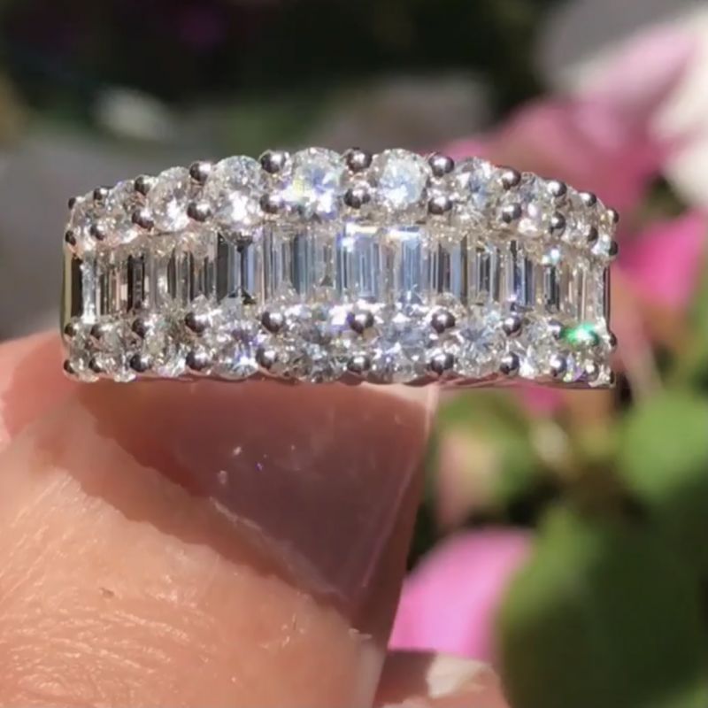 Sterling Silver Unique Baguette With Round Cut Engagement Ring