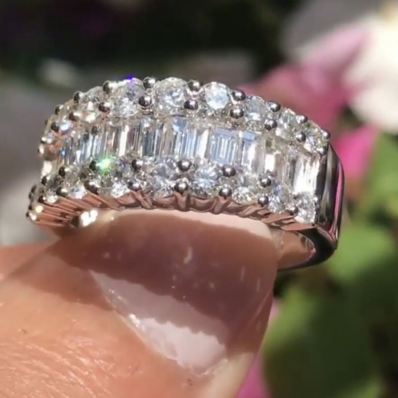 Sterling Silver Unique Baguette With Round Cut Engagement Ring