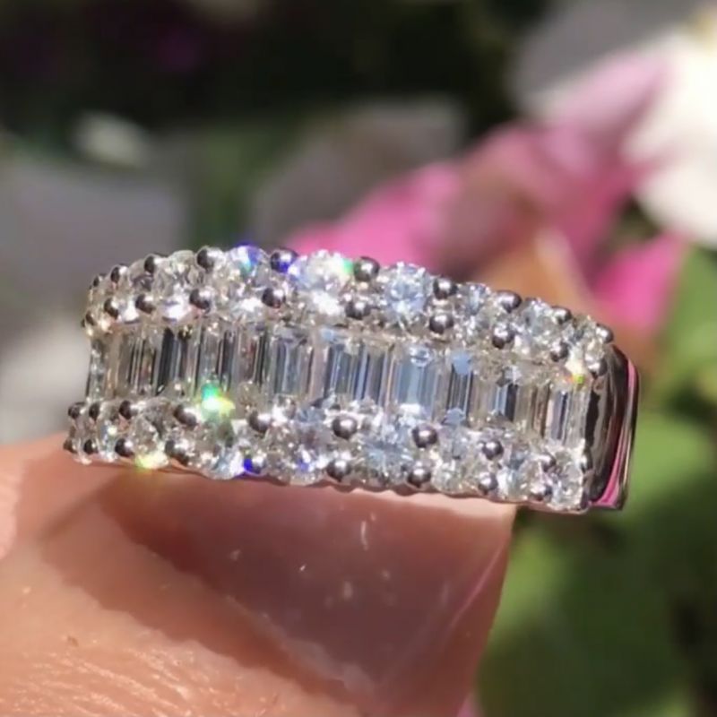 Sterling Silver Unique Baguette With Round Cut Engagement Ring