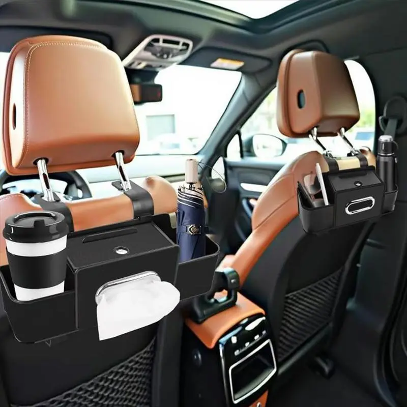 Multifunctional Car Seat Back Storage Box with Tissue Holder 2 Cup Holders & Bags Hooks Non-Woven Car Organizer for Tidy Back Seat