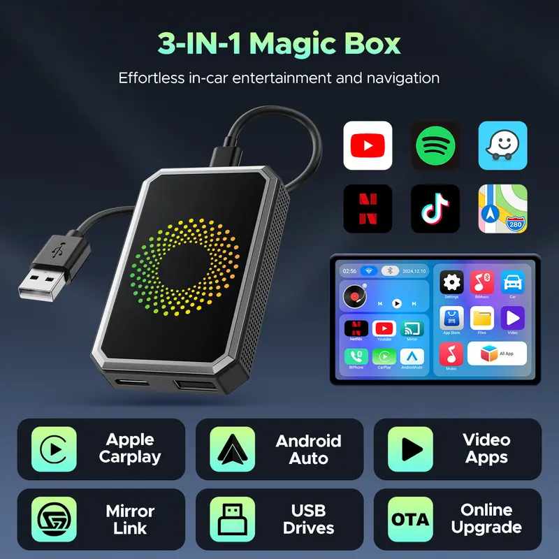 Wired to Wireless Carplay Adapter【Not support for Tesla & BMW】Supports Netflix/Youtube/TikTok APP to Play Vedio on a Car Screen (Do Not Support Vehicles with Built-in Wireless CarPlay) ,Your Entertainment Co-pilot on the Road!