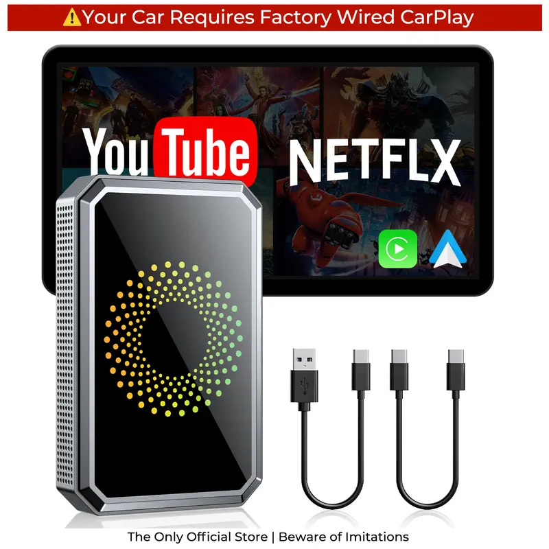 Wired to Wireless Carplay Adapter【Not support for Tesla & BMW】Supports Netflix/Youtube/TikTok APP to Play Vedio on a Car Screen (Do Not Support Vehicles with Built-in Wireless CarPlay) ,Your Entertainment Co-pilot on the Road!