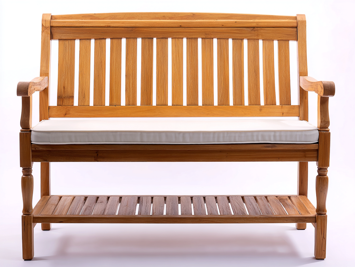 Gartenbank aus Holz und Stoff 150x62x102 cm - Naturbraun-Weiß - Klassisches Design mit Armlehnen und unterer Ablage für den Außenbereich-Jariiaspace