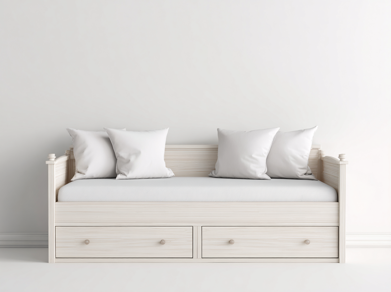 Schlafsofa aus Holzwerkstoff 205 x 95 x 86 cm Weiß Naturholz für Gästezimmer klassisches Tagesbett Design mit 2 Schubladen-Nodidwell