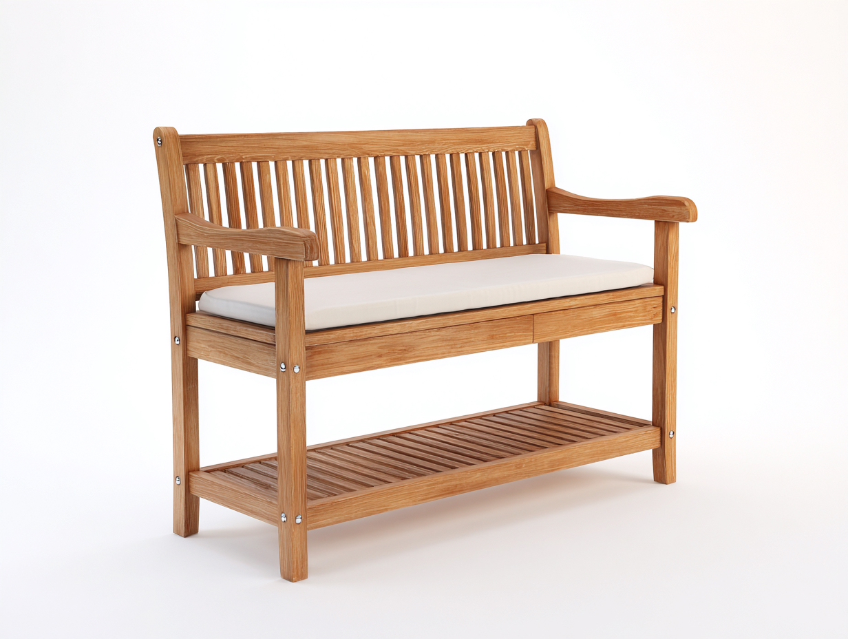 Gartenbank aus Holz und Stoff 125x60x95 cm - Natur-Cremeweiß - Klassisches Design mit Armlehnen und unterer Ablage für den Außenbereich-Nodidwell