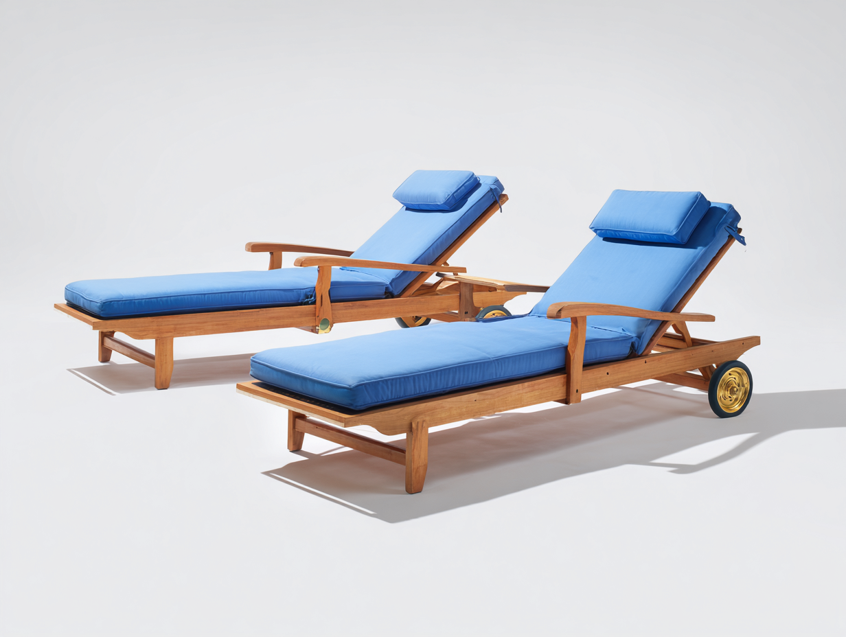Sonnenliegen Set aus Akazienholz mit verstellbarer Rückenlehne und Rollen 205 x 72 x 34 cm - Natur-Blau - Garten und Terrasse - Modernes Design-Nodidwell