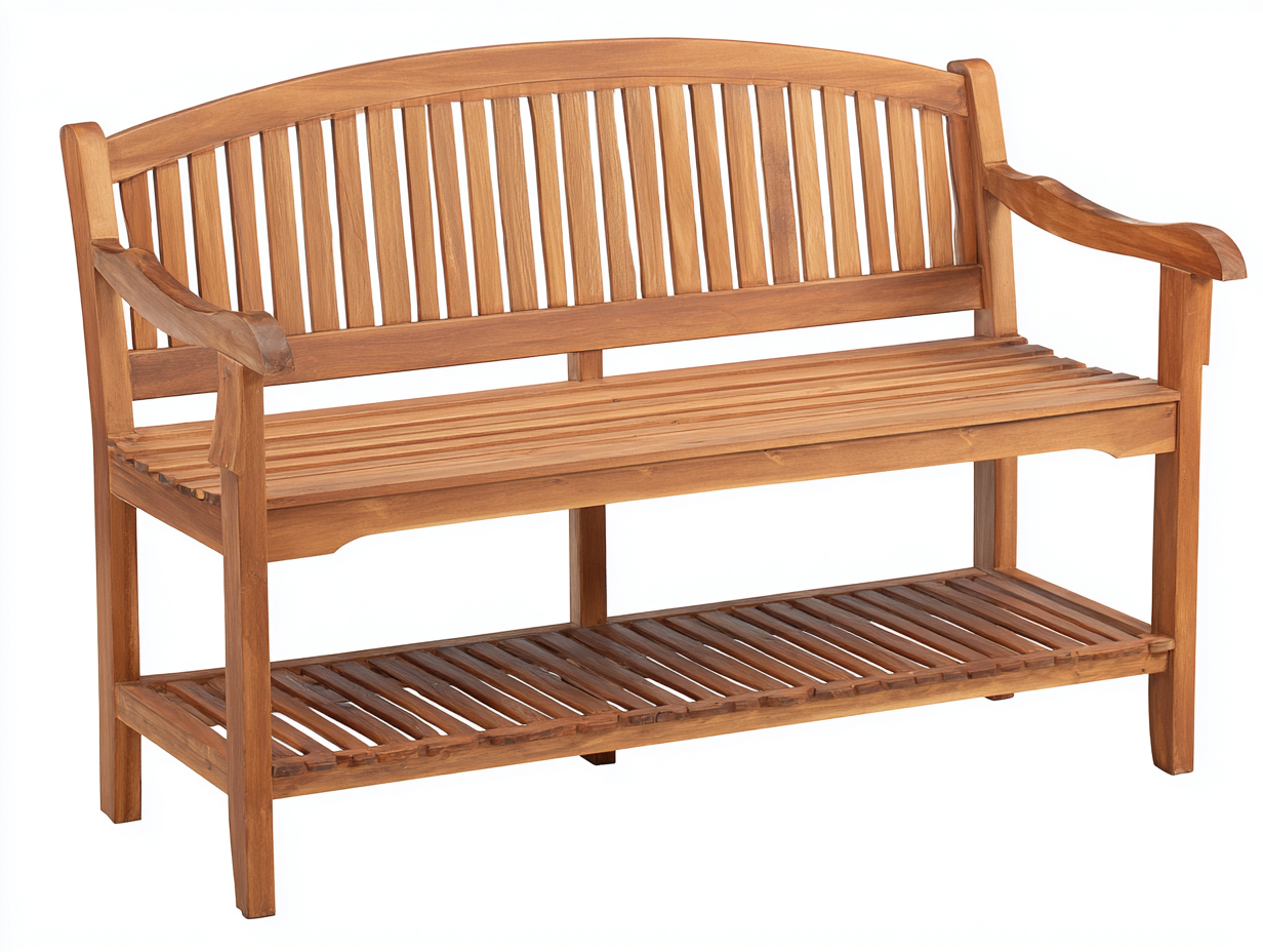 Gartenbank aus Holz 150x60x95 cm - Naturbraun - Klassisches Design mit Armlehnen und unterer Ablage für den Außenbereich-Nodidwell