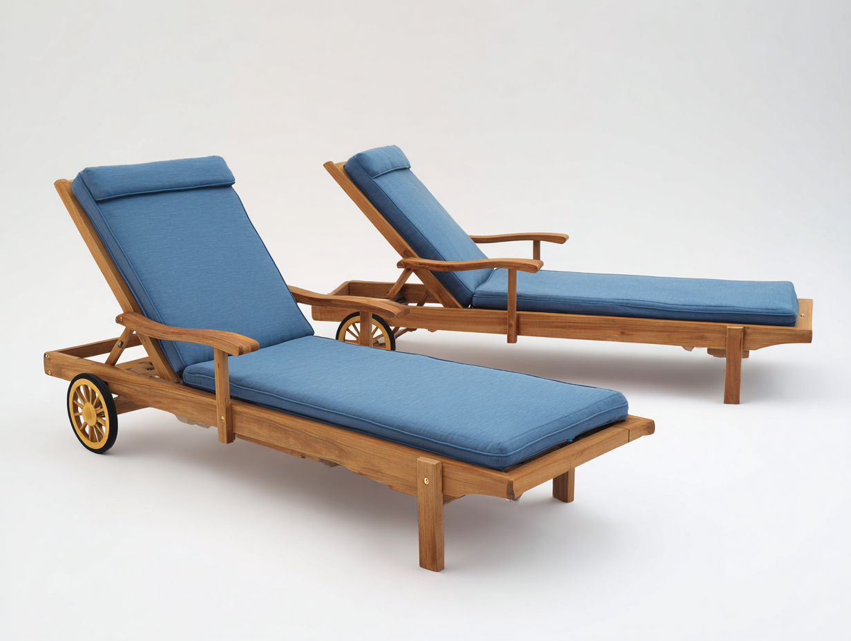 Sonnenliege 2er Set aus Holz und Stoff 200 x 70 x 88 cm Naturholz Blau für Garten klassisches Design mit Armlehnen und Rollen-Nodidwell