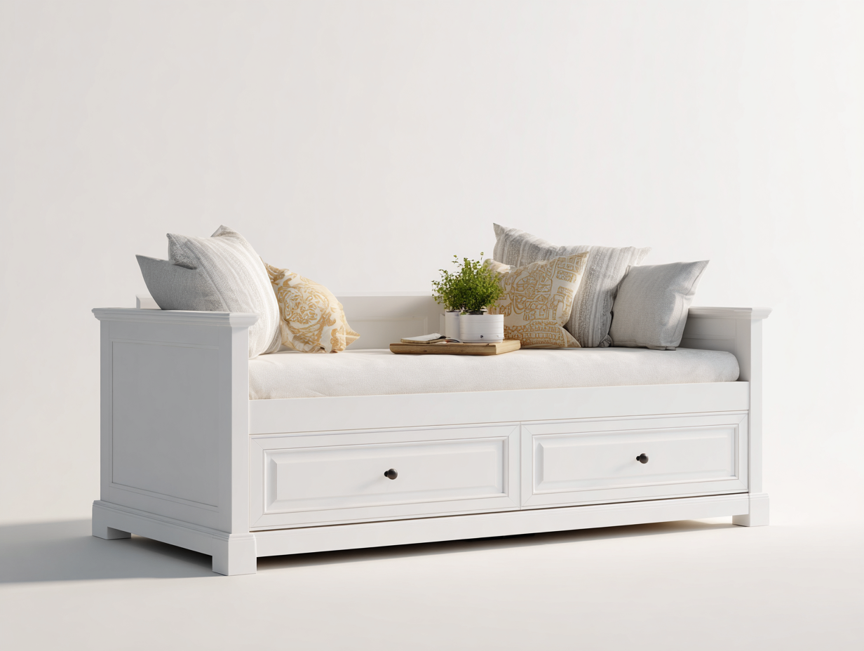 Schlafsofa Holzwerkstoff Stoff 210x95x88 cm - Weiß Beige Schwarz - klassisches Tagesbett mit Schubladen-Nodidwell