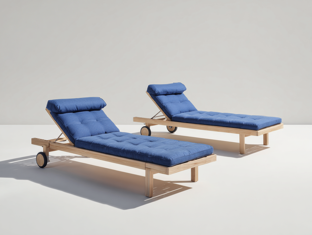 Sonnenliegen 2er-Set aus Holz und Stoff 200x70x95 cm - Natur-Blau - Verstellbares Design mit Rädern für den Außenbereich-Nodidwell
