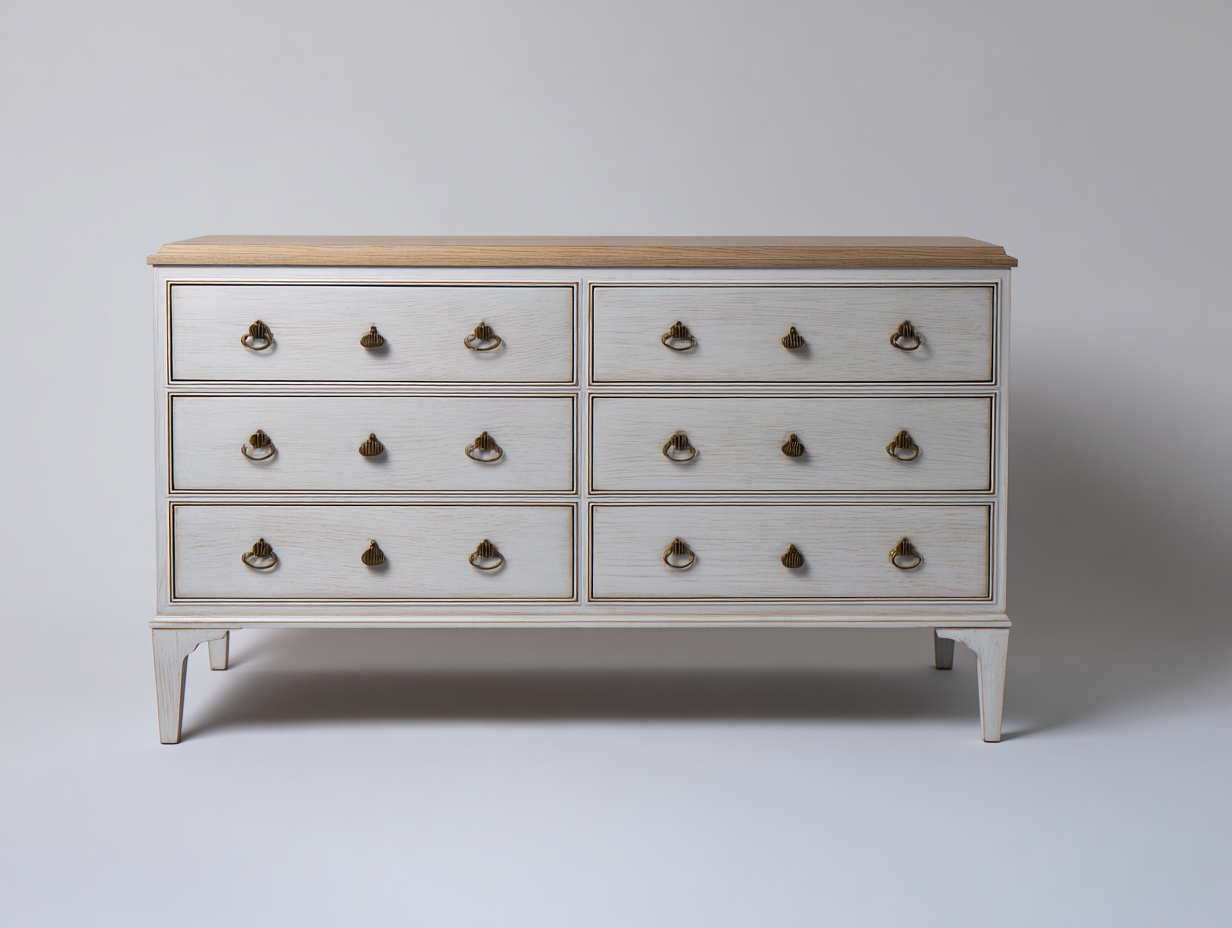 Kommode mit Schubladen aus Holzwerkstoff 145 x 45 x 86 cm Weiß Naturholz für Schlafzimmer klassisches Design mit 6 Schubladen-Nodidwell