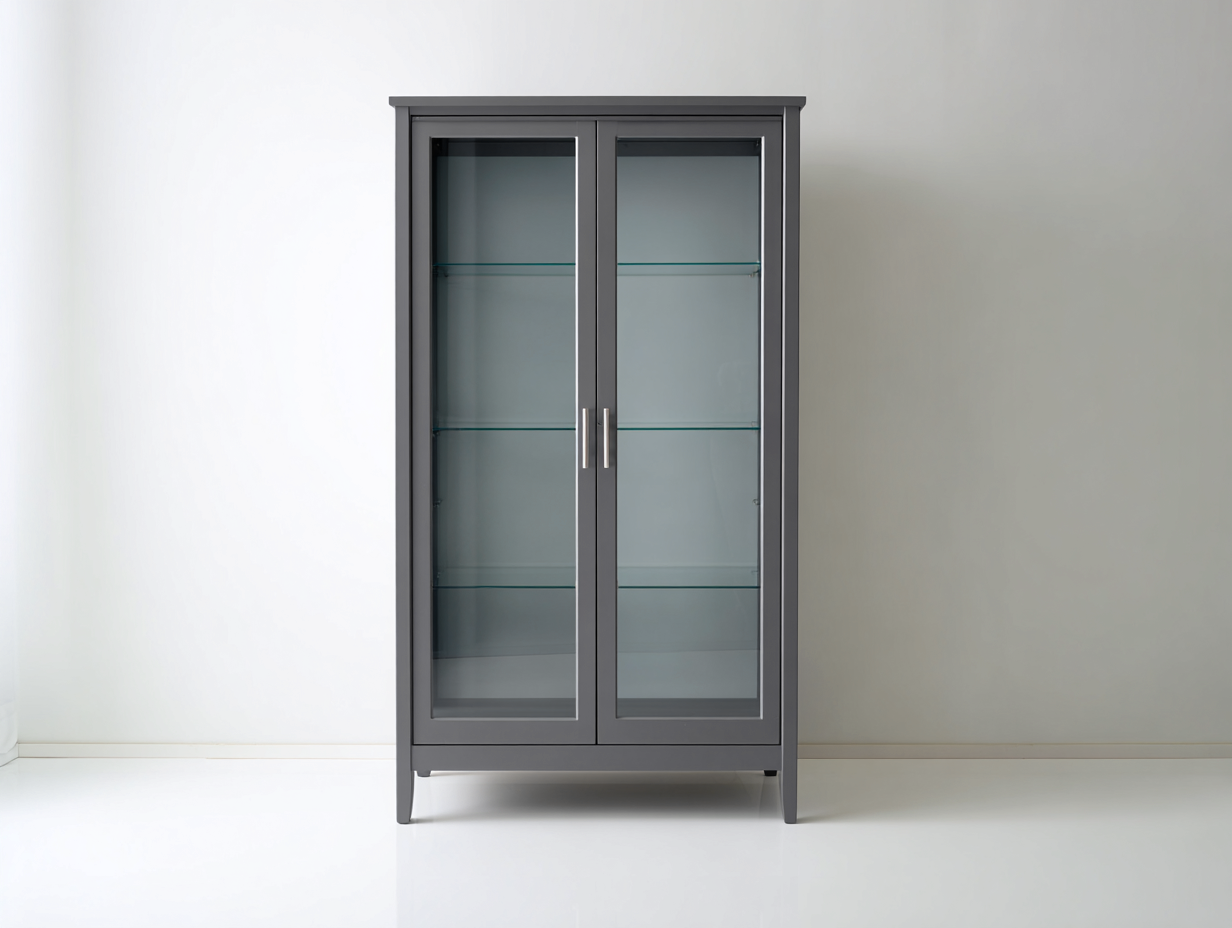Vitrinen Schrank aus Holzwerkstoff und Glas 90x40x160 cm - Dunkelgrau - moderner Stauraum mit 2 Glastüren-Rivaraabode