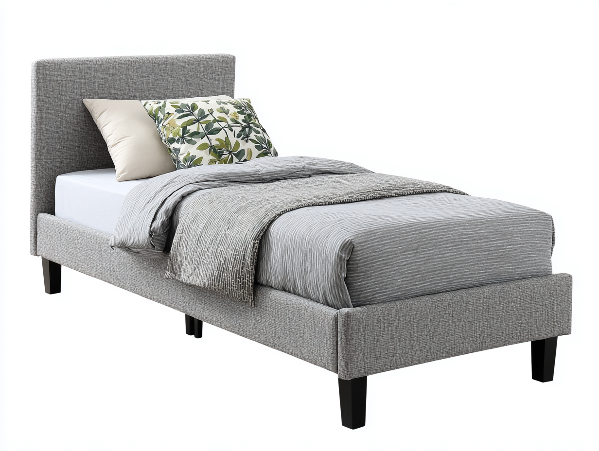 Einzelbett gepolstert mit Stoffbezug 205 x 105 x 112 cm - Hellgrau-Schwarz - mit hohem Kopfteil-Rivaraabode