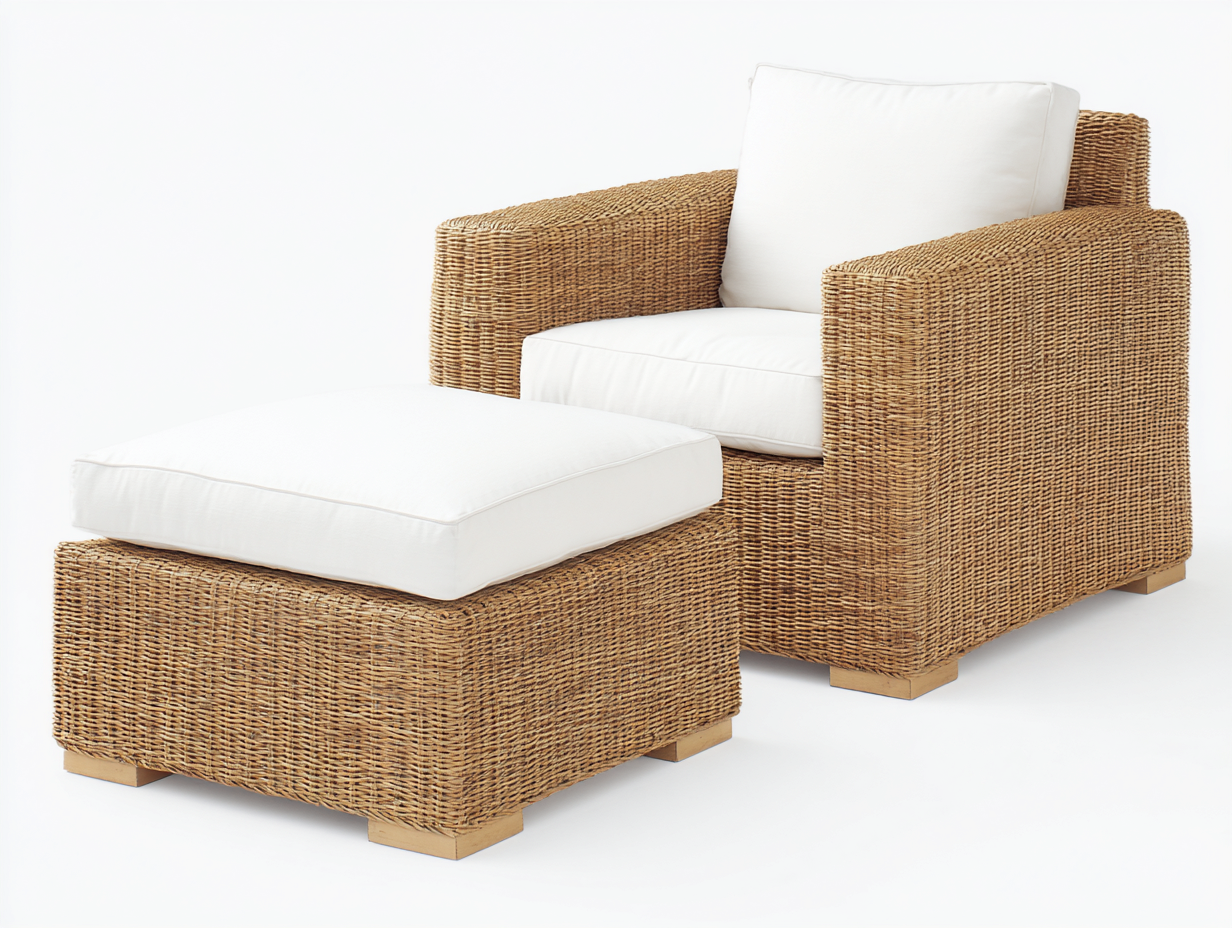 Polyrattan Gartensessel 95x90x78 cm - Natur und Weiß - mit Hocker-Rivaraabode