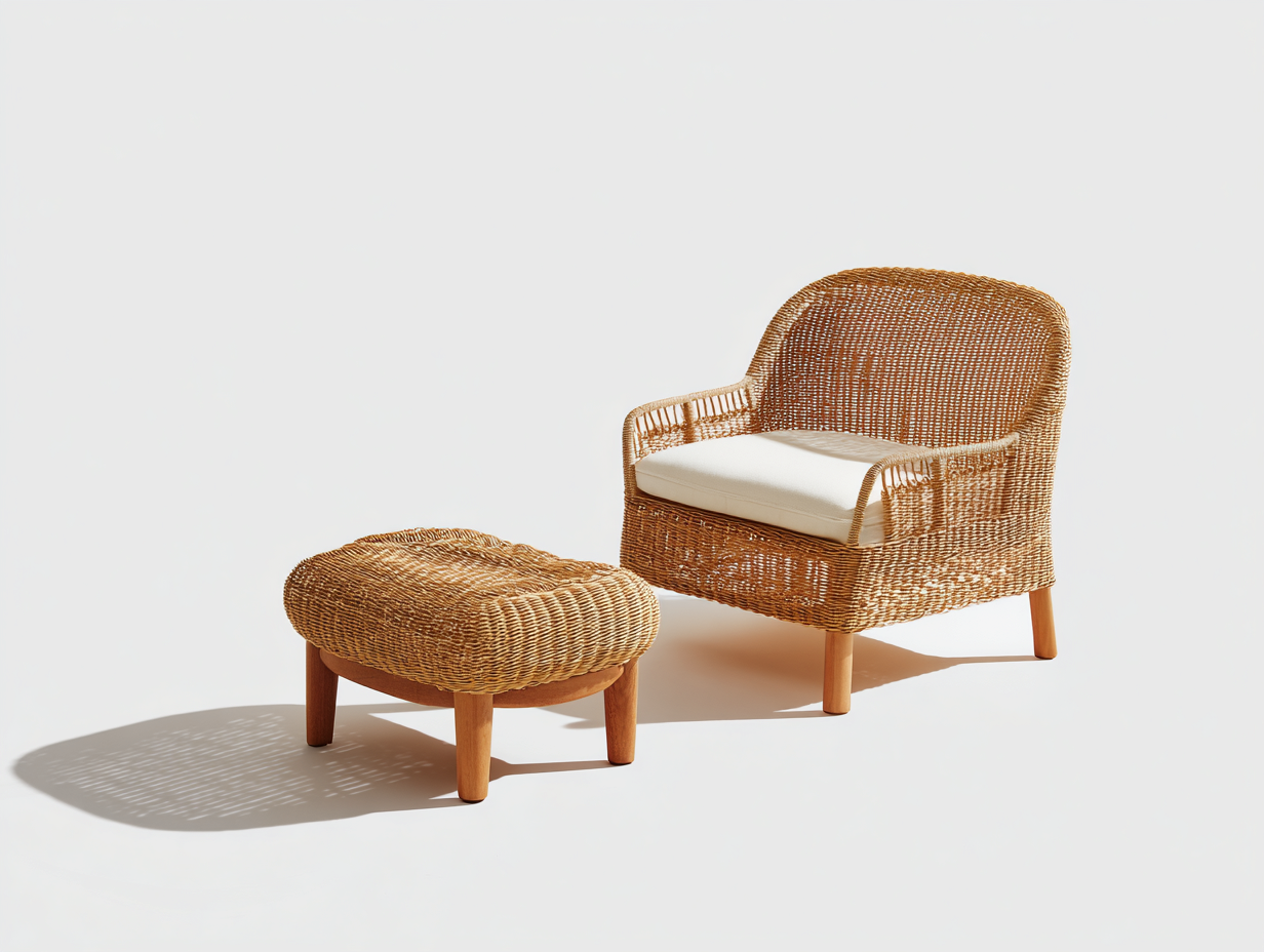 Polyrattan Gartensessel aus Polyrattan und Holz 82 x 78 x 86 cm Naturbraun Cremeweiß für Garten klassisches Design mit Armlehnen und Hocker-Rivaraabode