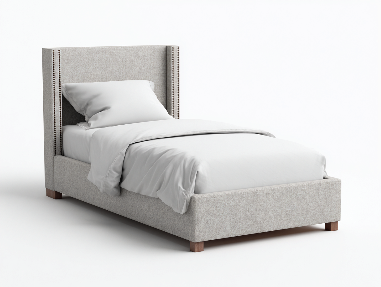 Einzelbett gepolstert mit Stoffbezug 205 x 105 x 120 cm - Hellbeige-Braun - mit Ziernägeln-Rivaraabode