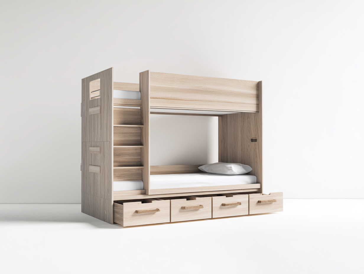 Etagenbetten Holz 240x100x170 cm - Naturholz und Grau - mit Leiter und Schubladen-Rivaraabode