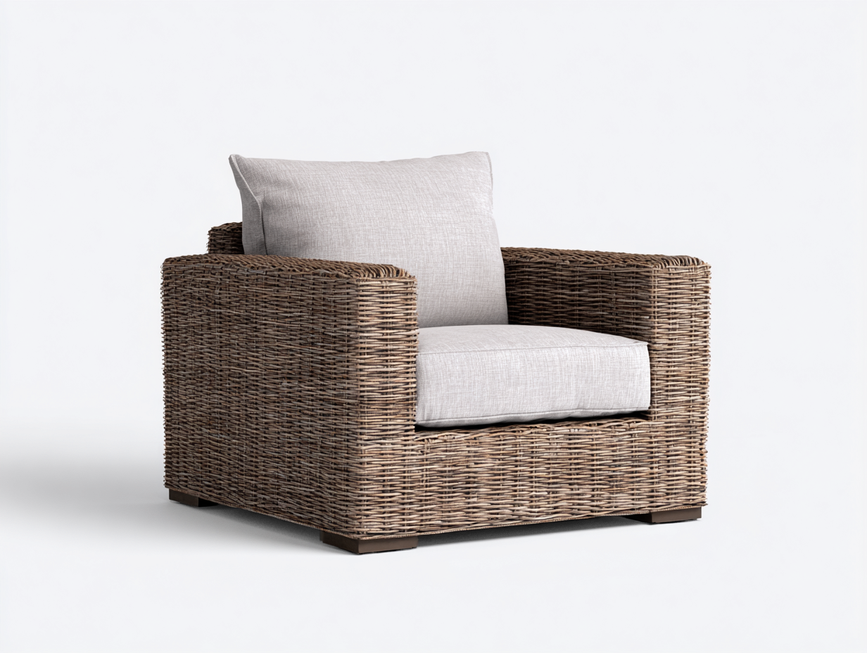 Polyrattan Gartensessel aus Polyrattan und Holz 94 x 86 x 82 cm Naturbraun Beige Dunkelbraun für Garten modernes Design mit breiten Armlehnen-Rivaraabode