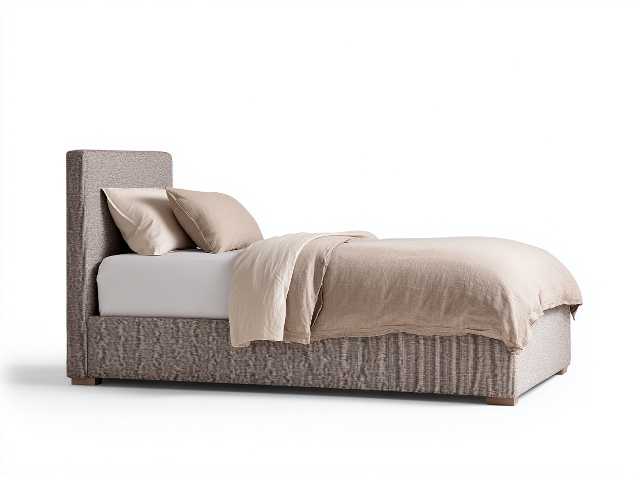 Einzelbett gepolstert mit Stoffbezug 210x105x105 cm - Taupe - modernes Bettgestell mit hohem Kopfteil-Rivaraabode