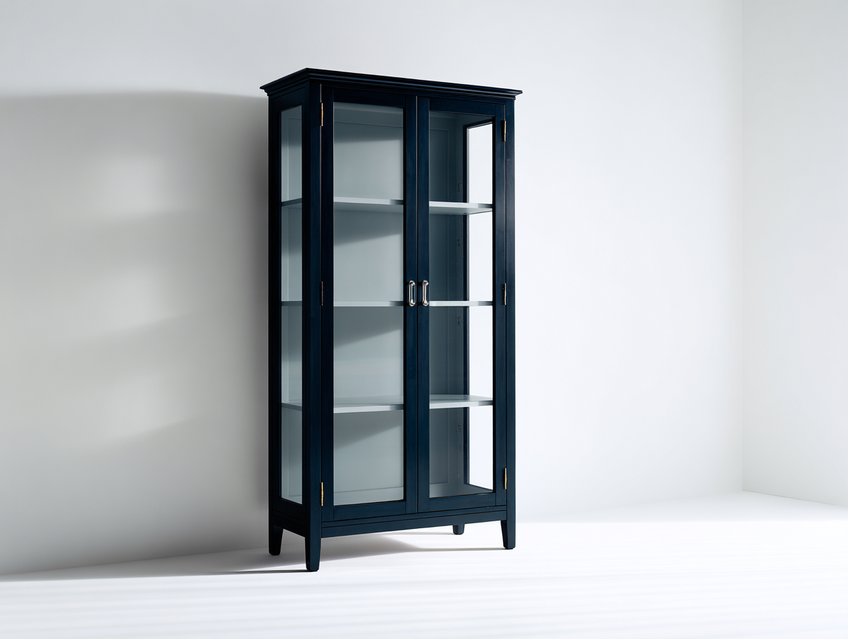 Vitrinen Schrank aus Holzwerkstoff und Glas 90x40x170 cm - Dunkelblau - klassischer Stauraum mit 2 Glastüren-Rivaraabode