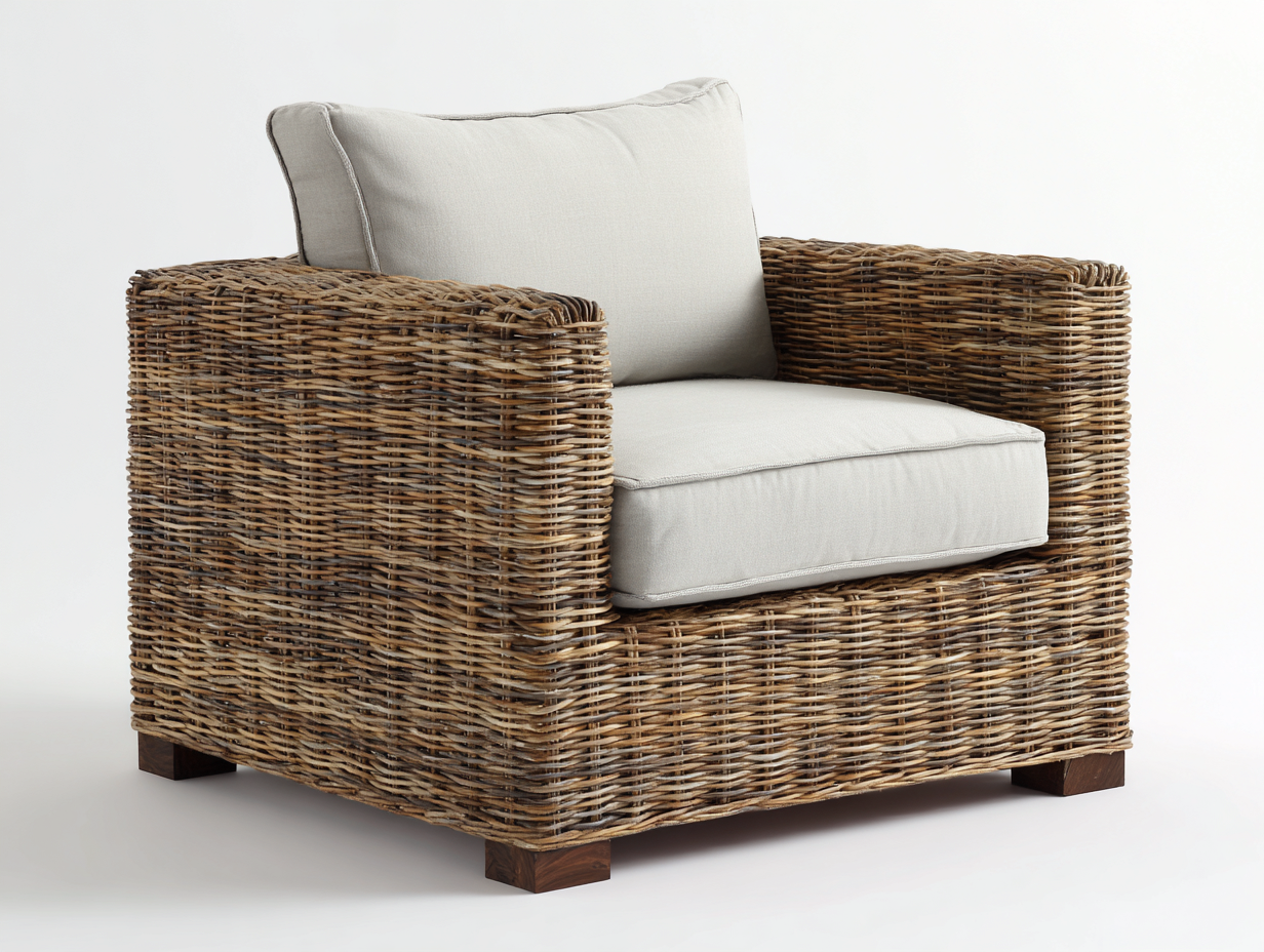 Polyrattan Gartensessel aus Polyrattan und Holz 92 x 84 x 82 cm Naturbraun Beige für Garten modernes Lounge Design mit breiten Armlehnen-Rivaraabode