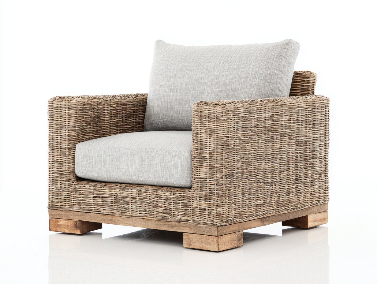 Polyrattan Gartensessel aus Holz Polyrattan und Stoff 90x85x85 cm - Hellbraun-Hellgrau - Modernes Lounge-Design mit breiten Armlehnen für den Außenbereich-Rivaraabode