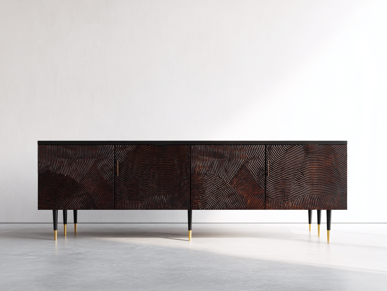 Dielenschränke Holzwerkstoff Metall 200x42x56 cm - Schwarz-Dunkelbraun-Goldfarben - 4 Türen mit markanter Holzstruktur-Sozoiohouse