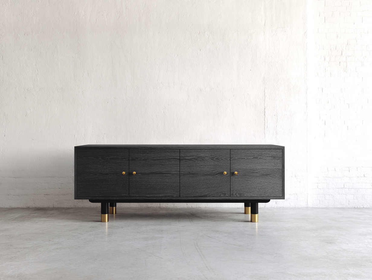 Dielenschränke Holzwerkstoff Schwarz 180x40x65 cm - 4 Schranktüren - goldfarbene Knopfgriffe-Sozoiohouse