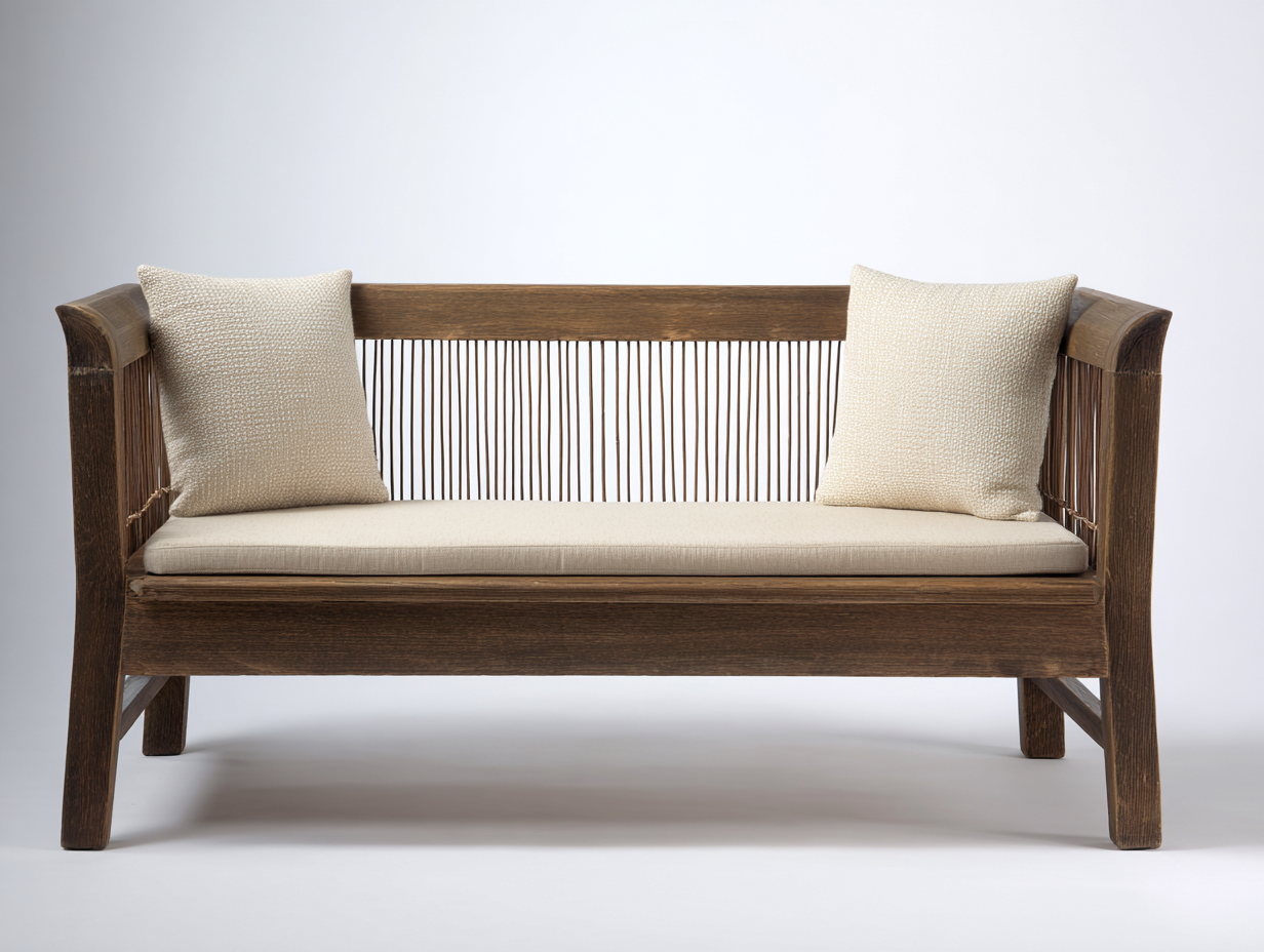 Gartenbank Holz 140x65x85 cm - Dunkelbraun und Creme - 2-Sitzer mit geflochtener Rückenlehne im rustikalen Stil-Sozoiohouse