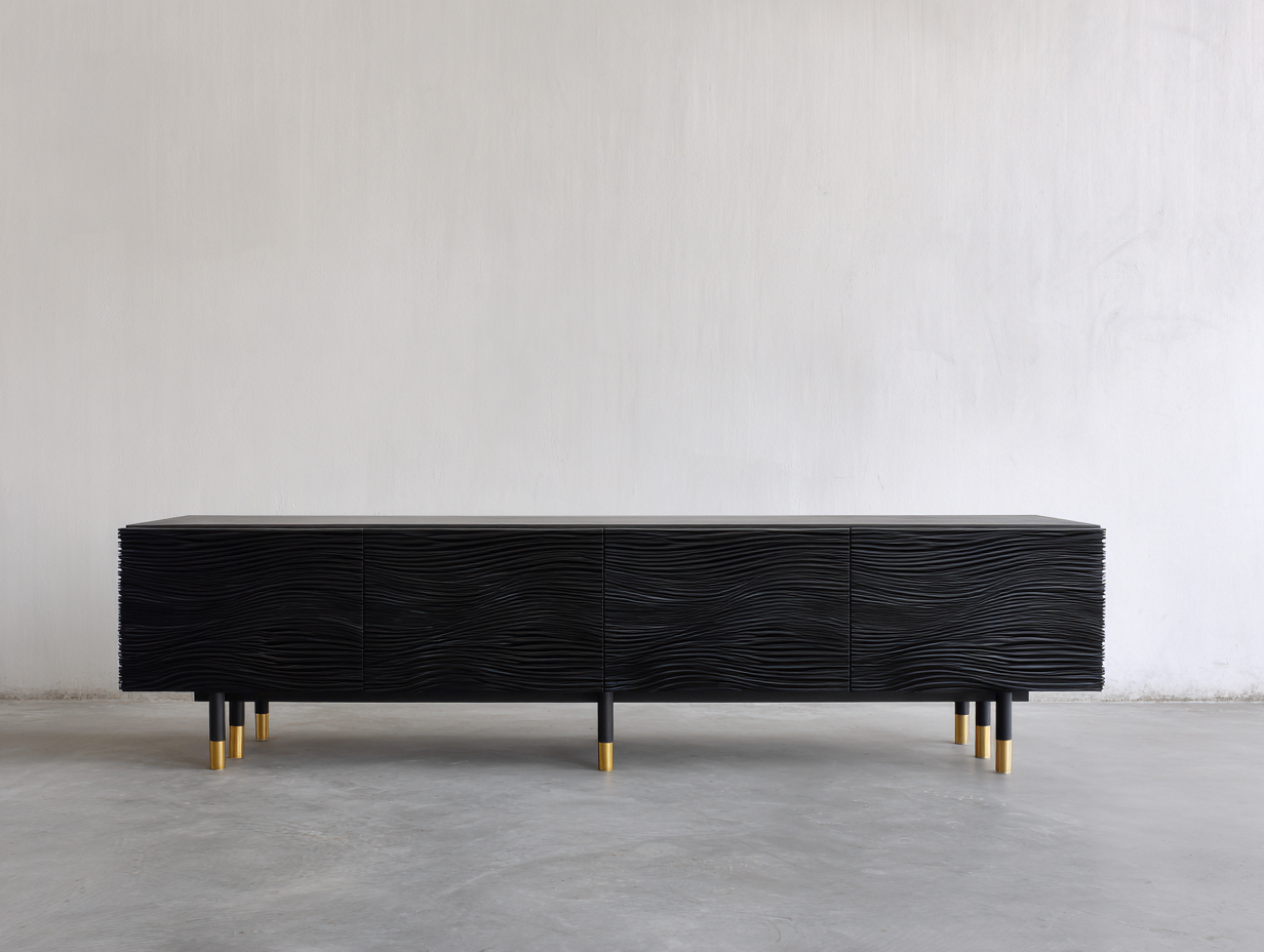 Dielenschränke Holzwerkstoff Metall 220x42x55 cm - Schwarz-Goldfarben - 4 Türen mit Wellenstruktur-Sozoiohouse