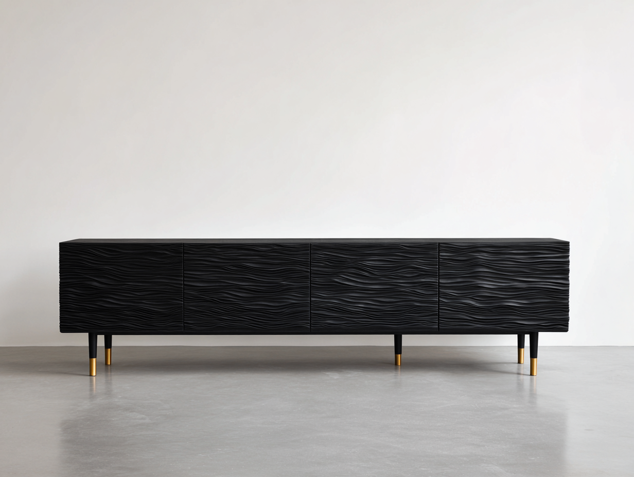 Dielenschränke Holzwerkstoff und Metall 200x42x72 cm - Schwarz und Gold - 4 Türen mit Wellenstruktur im modernen Stil-Sozoiohouse