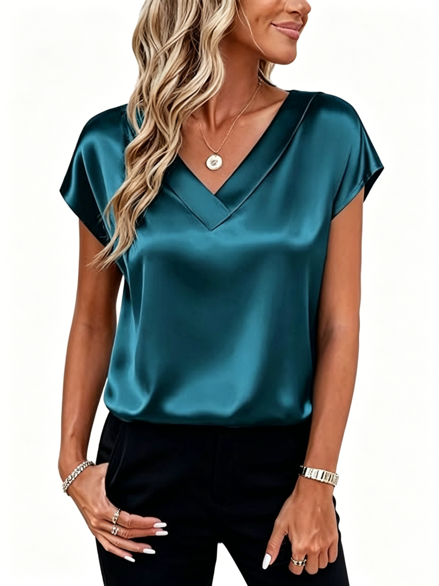 Elegant Satin V‑Neck Short‑Sleeve Blouse – Luxurious Casual‑Chic Top for Women