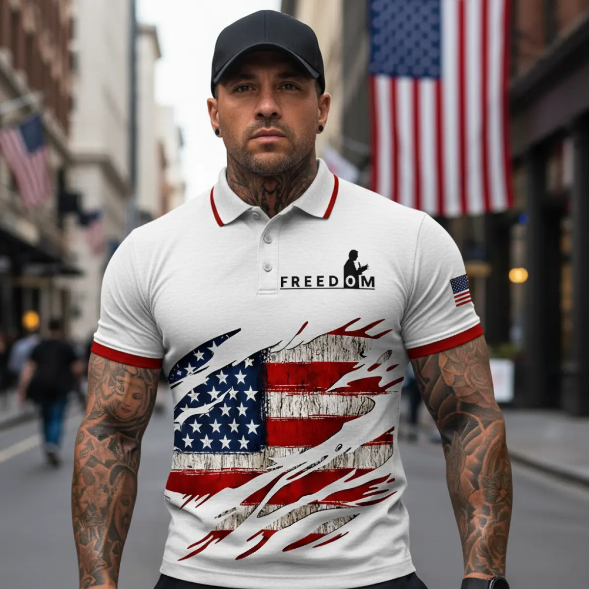 Polyester Cotton Blend American Flag Design Freedom Print Men's Polo Shirt