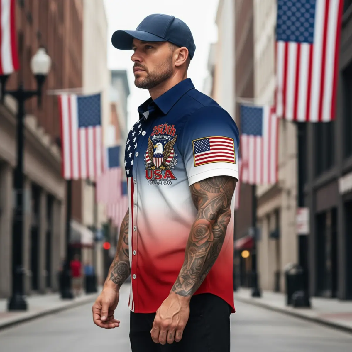 Polyester 250th USA Anniversary Short Sleeve Shirt With American Flag Print And Eagle Design