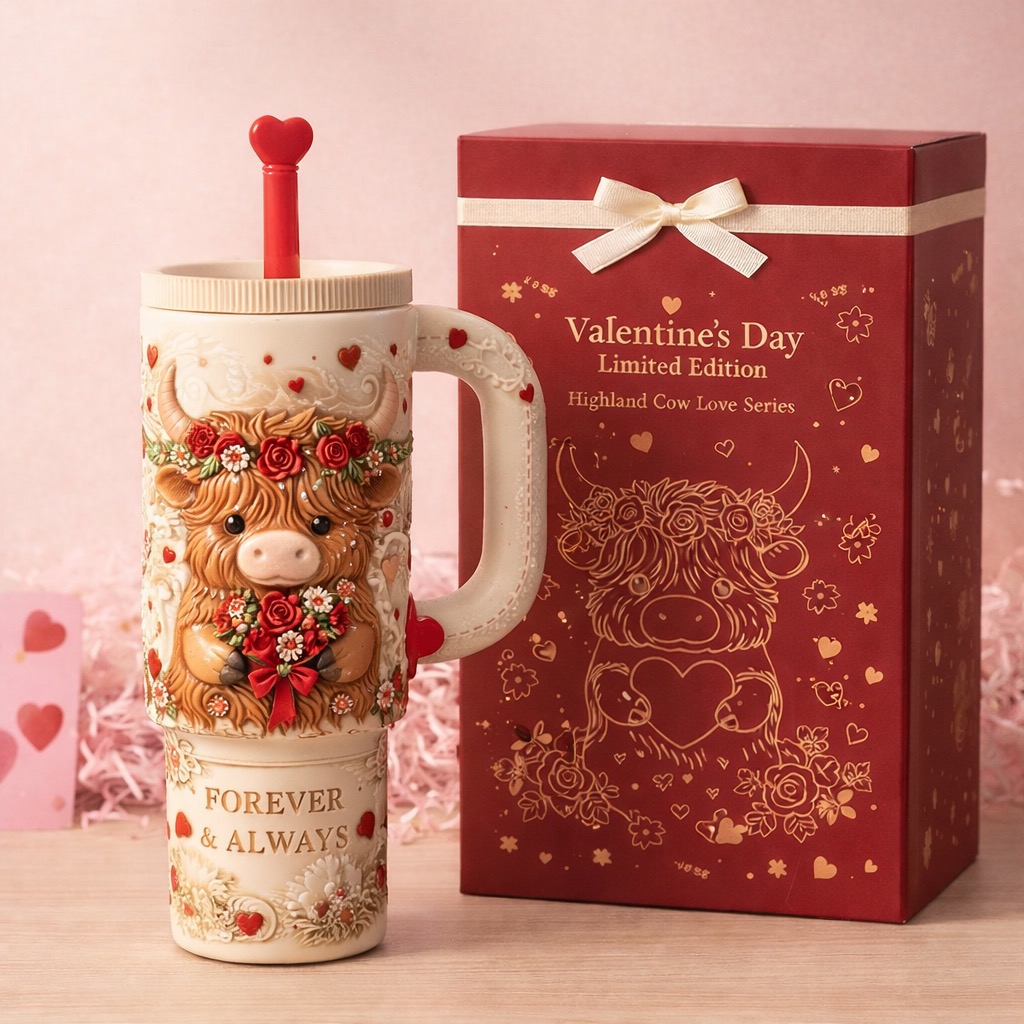 Valentine’s Highland Cow Embossed Tumbler