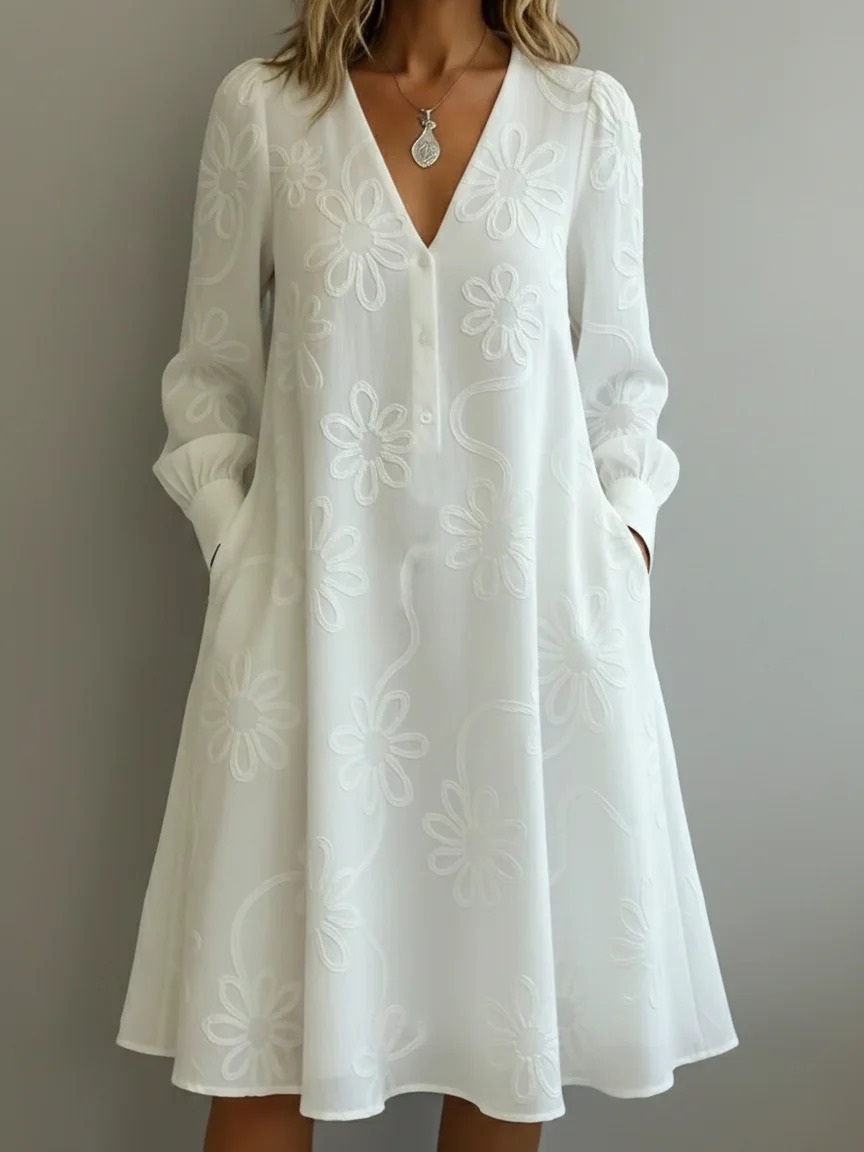 👗Women's V-neck retro floral long-sleeved dress, Hides belly and flatters your figure