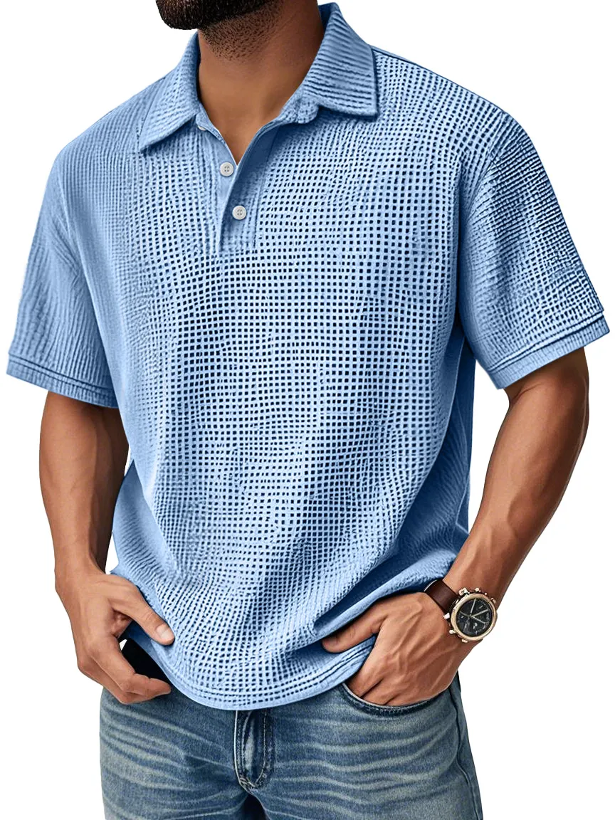 Men's Textured Grid-Pattern Short-Sleeve Polo Shirt