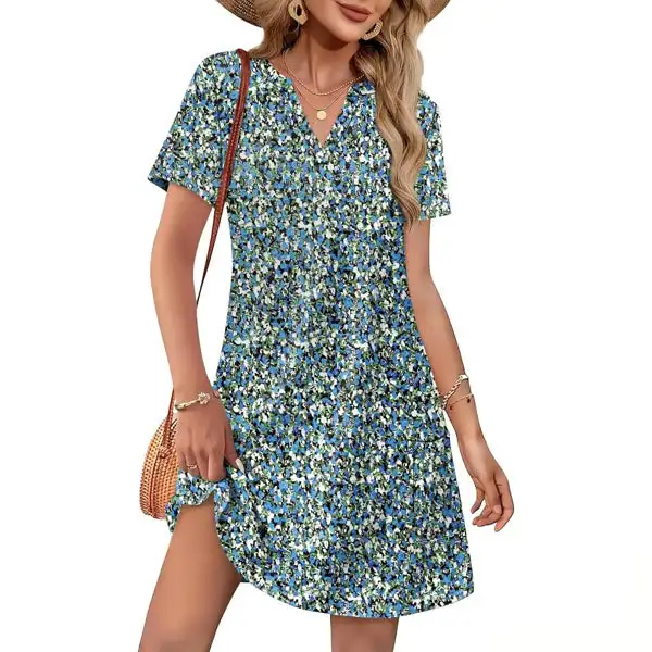🔥 Women 2026 Casual Summer V Neck Dress Short Sleeve Fashion Beach Vacation Clothes