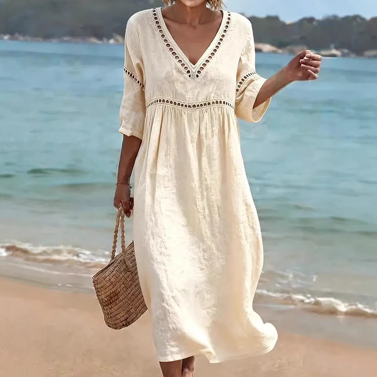 👗 Women's V-Neck Cotton-Linen Dress, , Hides belly and flatters your figure