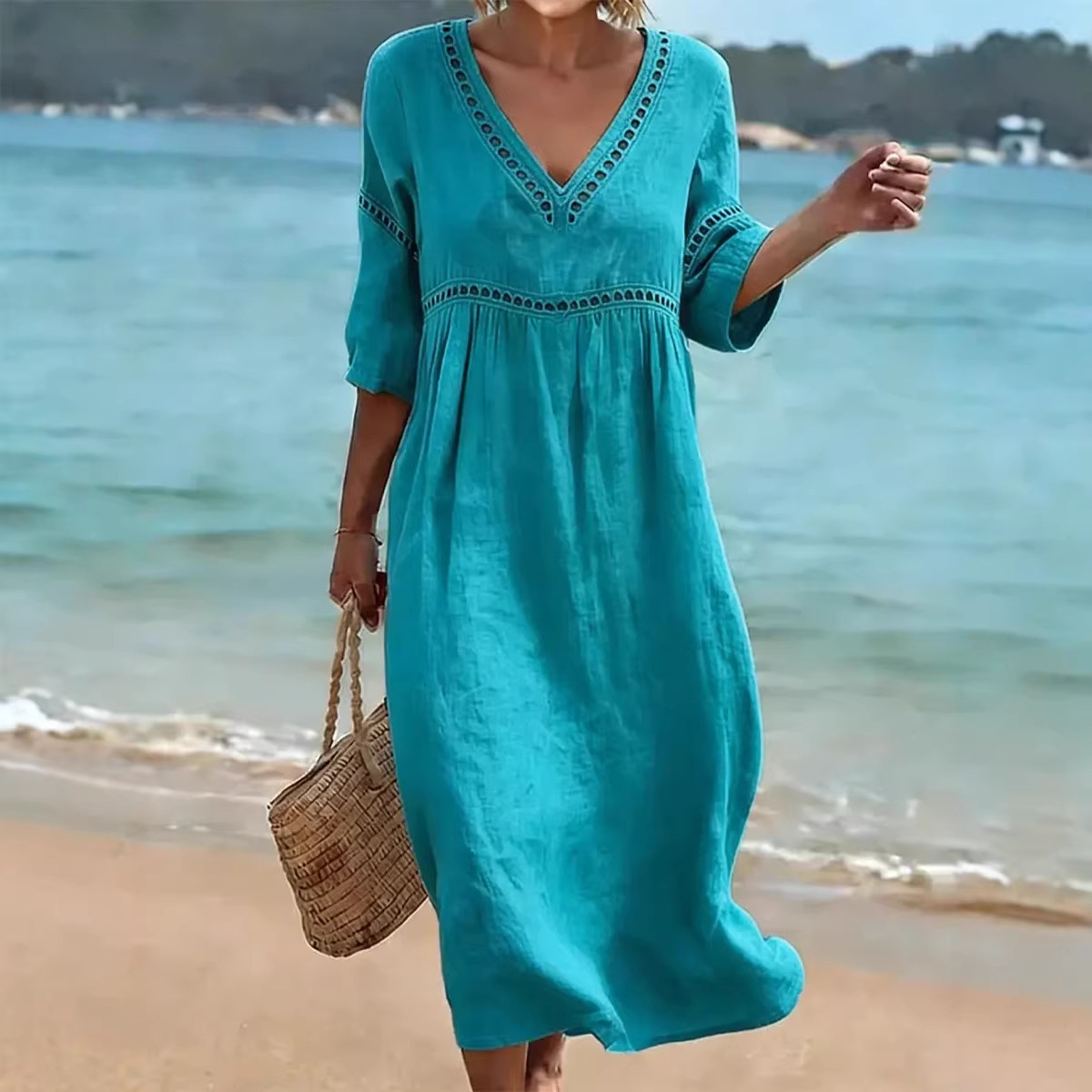 👗 Women's V-Neck Cotton-Linen Dress, , Hides belly and flatters your figure