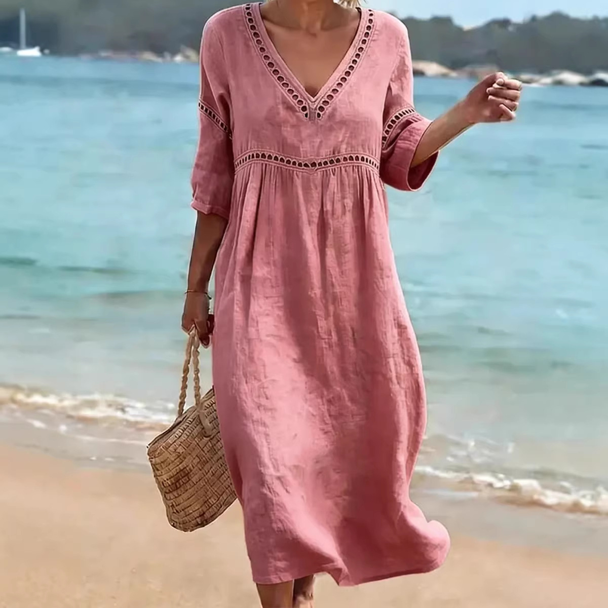 👗 Women's V-Neck Cotton-Linen Dress, , Hides belly and flatters your figure